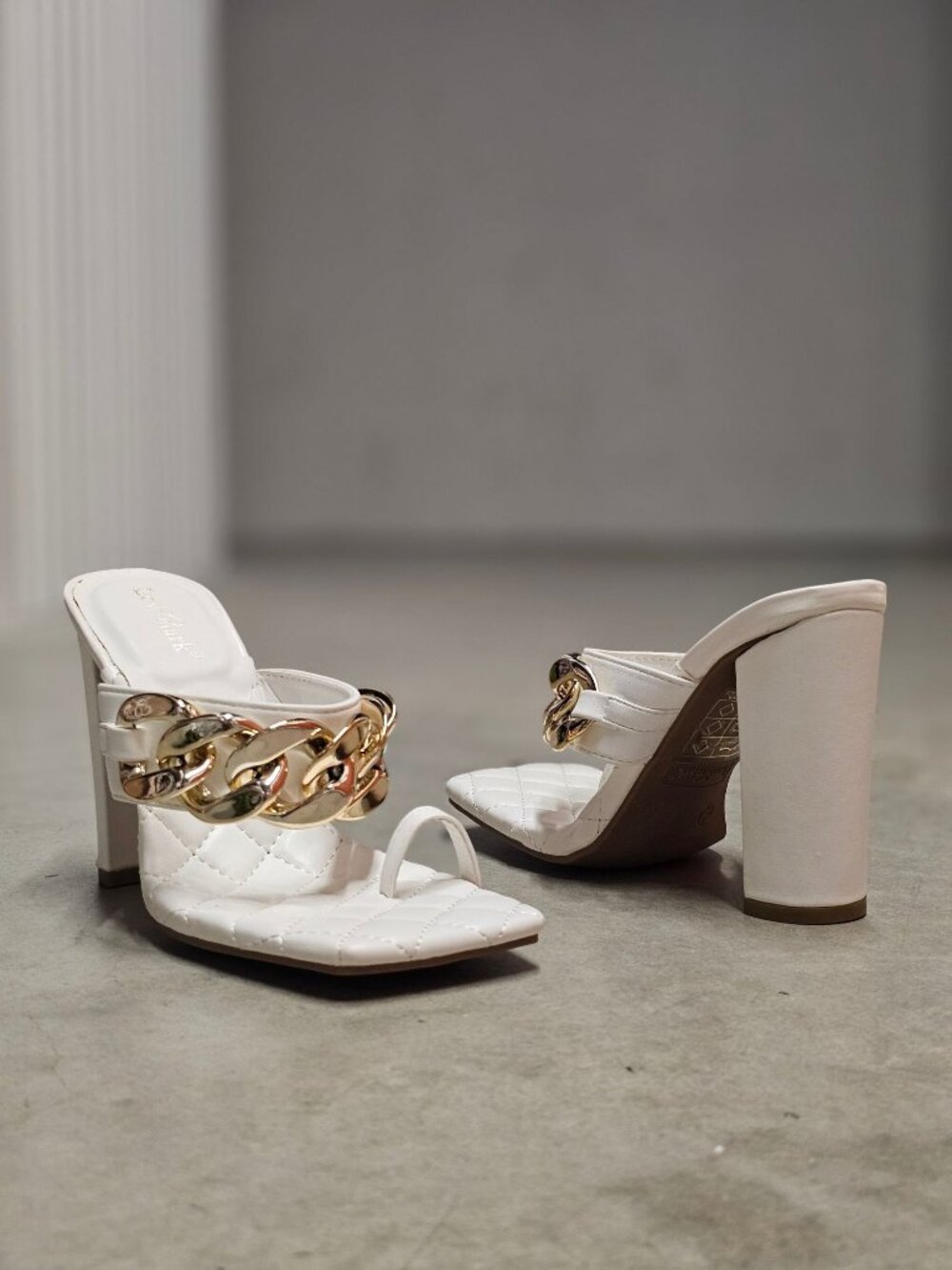 Quilted Chain-Embellished High Heel White Sandals With Square Toe Design
